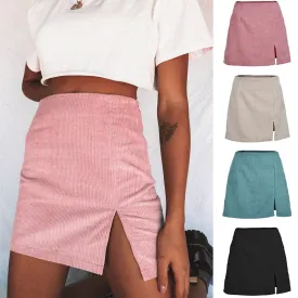 Wjczt Elegant High Waist Corduroy Mini Skirts Sexy Split Short Skirts Vintage Harajuku Autumn Solid A Line Skirts 2020 New