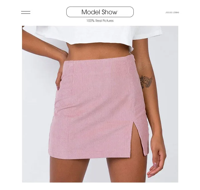 Wjczt Elegant High Waist Corduroy Mini Skirts Sexy Split Short Skirts Vintage Harajuku Autumn Solid A Line Skirts 2020 New