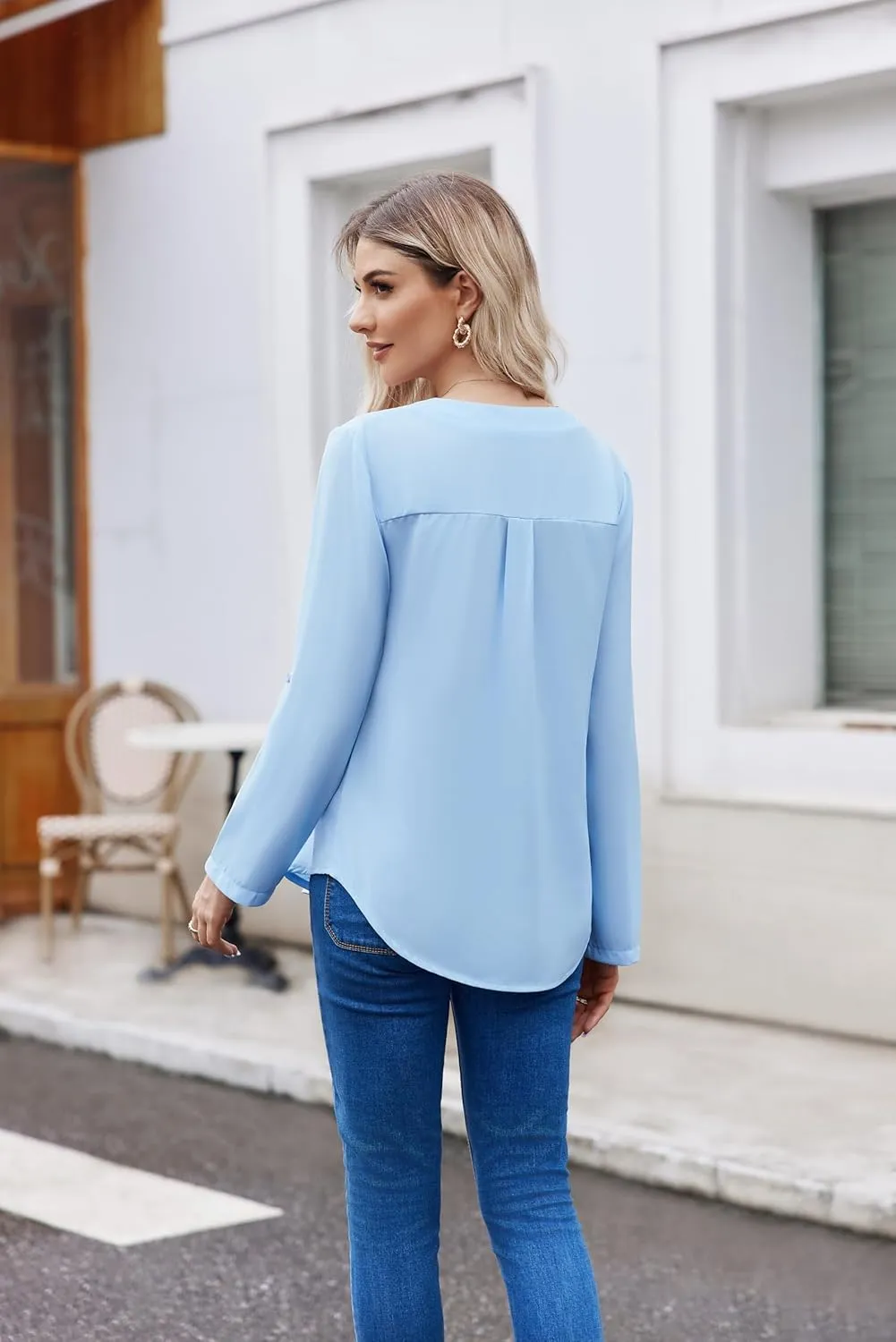 Women Business Casual Tops Blouses Dressy V Neck Chiffon Long Sleeve Work Shirts Elegant Ladies Tops
