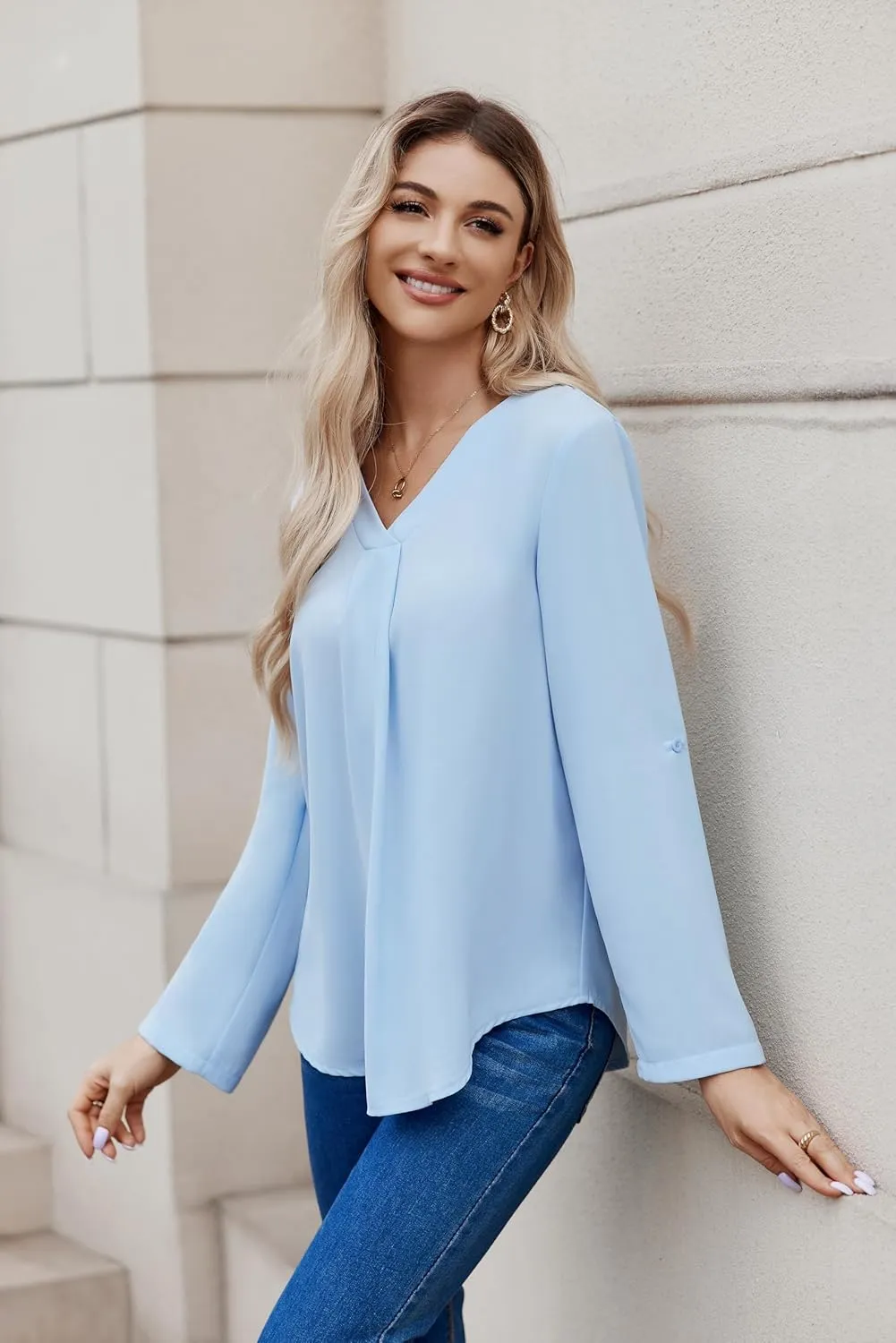 Women Business Casual Tops Blouses Dressy V Neck Chiffon Long Sleeve Work Shirts Elegant Ladies Tops