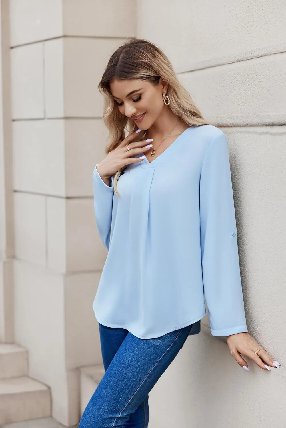 Women Business Casual Tops Blouses Dressy V Neck Chiffon Long Sleeve Work Shirts Elegant Ladies Tops