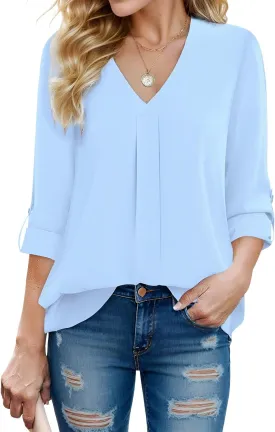 Women Business Casual Tops Blouses Dressy V Neck Chiffon Long Sleeve Work Shirts Elegant Ladies Tops