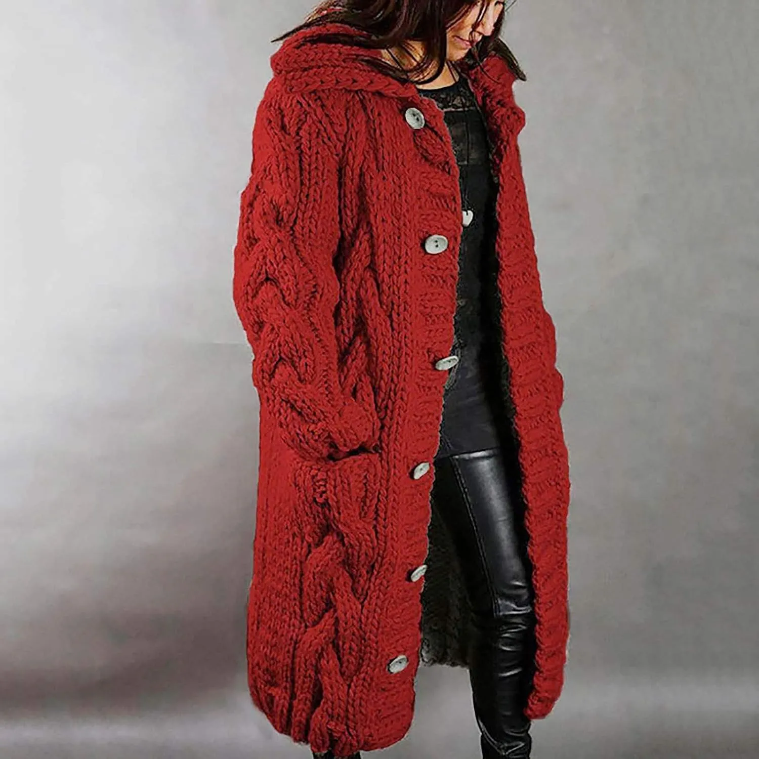 Women Cable Knit Cardigan Sweaters Oversize Chunky Warm Open Front Long Sweaters Trendy Button Outwear with Pockets