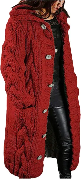 Women Cable Knit Cardigan Sweaters Oversize Chunky Warm Open Front Long Sweaters Trendy Button Outwear with Pockets
