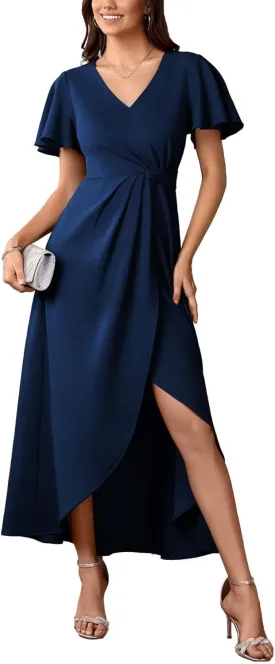 Women Formal Dresses Evening Party Cocktail Dress Split Elegant V Neck Wrap Ruffle Wedding Guest Dresses