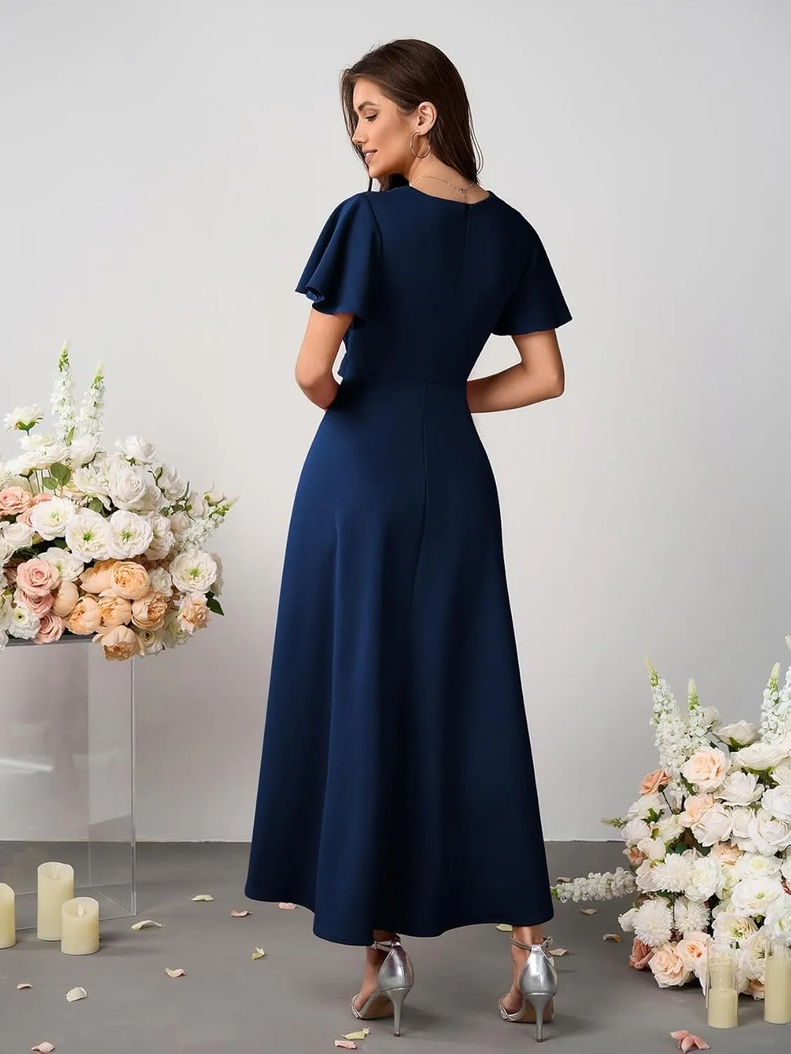 Women Formal Dresses Evening Party Cocktail Dress Split Elegant V Neck Wrap Ruffle Wedding Guest Dresses