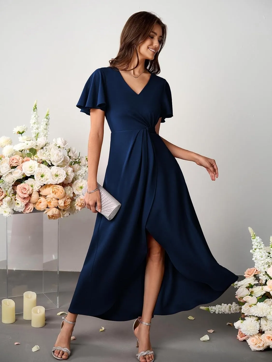 Women Formal Dresses Evening Party Cocktail Dress Split Elegant V Neck Wrap Ruffle Wedding Guest Dresses