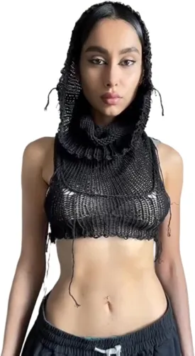 Women Knitted Hoodie Sweater Vest Sexy Sleeveless Hollow Out Hooded Crop Top Streetwear Rave Oufit