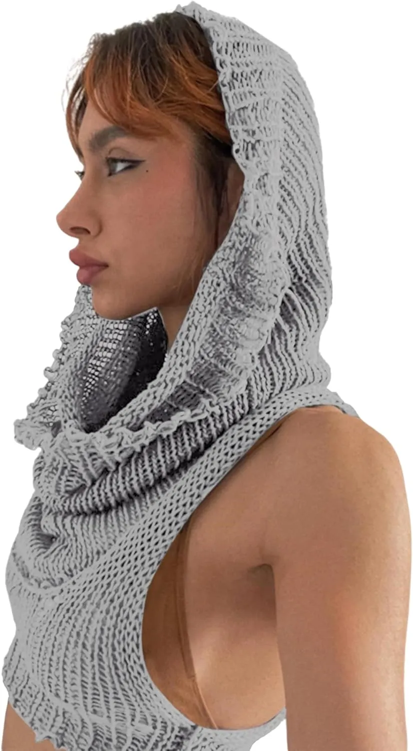 Women Knitted Hoodie Sweater Vest Sexy Sleeveless Hollow Out Hooded Crop Top Streetwear Rave Oufit