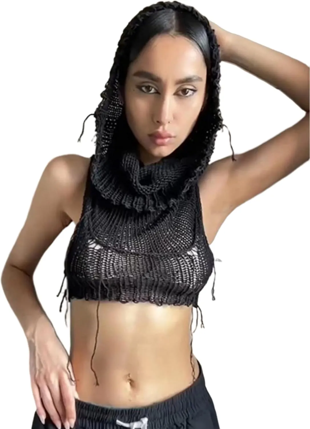 Women Knitted Hoodie Sweater Vest Sexy Sleeveless Hollow Out Hooded Crop Top Streetwear Rave Oufit