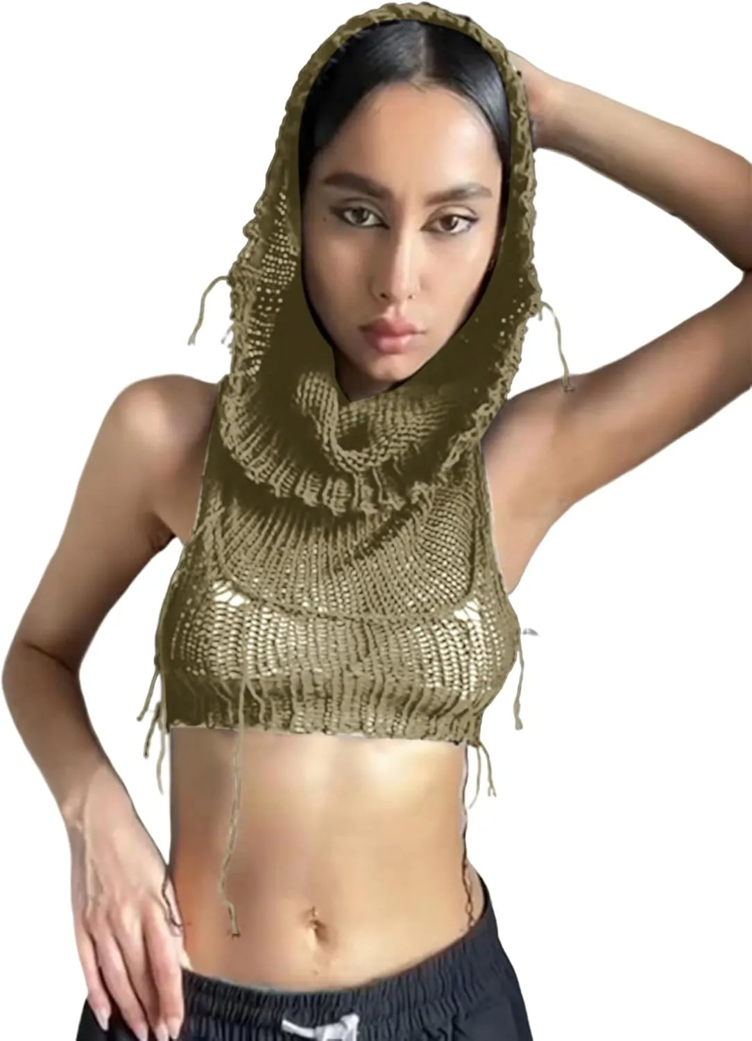 Women Knitted Hoodie Sweater Vest Sexy Sleeveless Hollow Out Hooded Crop Top Streetwear Rave Oufit