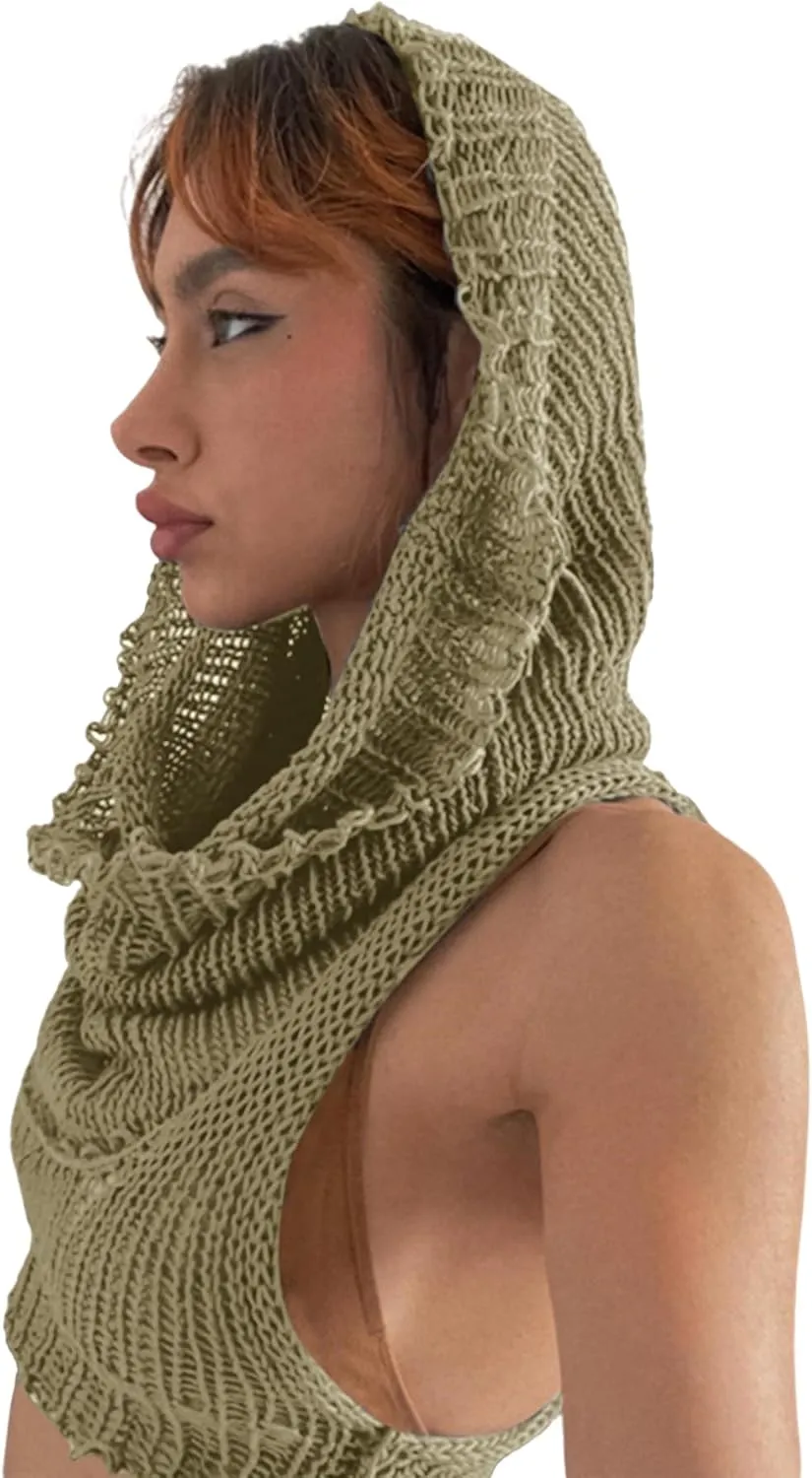 Women Knitted Hoodie Sweater Vest Sexy Sleeveless Hollow Out Hooded Crop Top Streetwear Rave Oufit