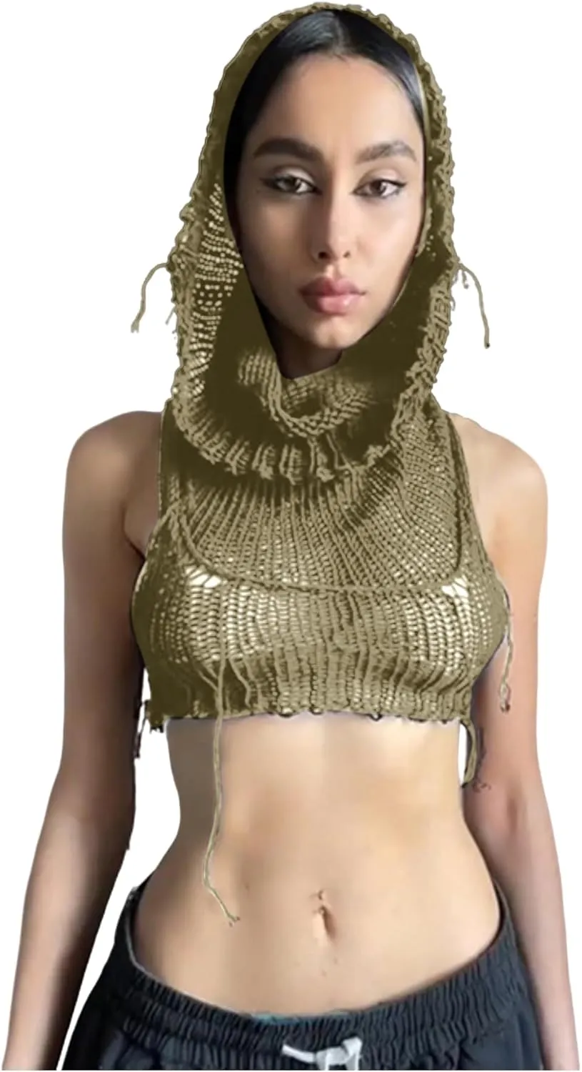 Women Knitted Hoodie Sweater Vest Sexy Sleeveless Hollow Out Hooded Crop Top Streetwear Rave Oufit