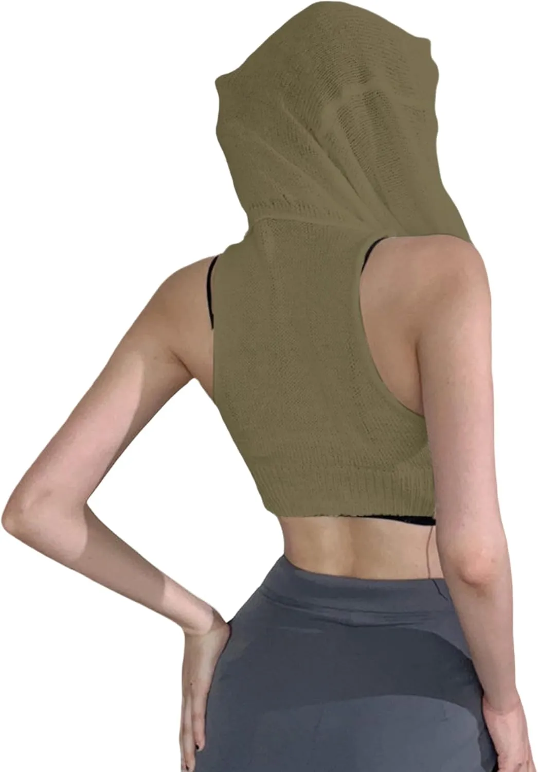 Women Knitted Hoodie Sweater Vest Sexy Sleeveless Hollow Out Hooded Crop Top Streetwear Rave Oufit