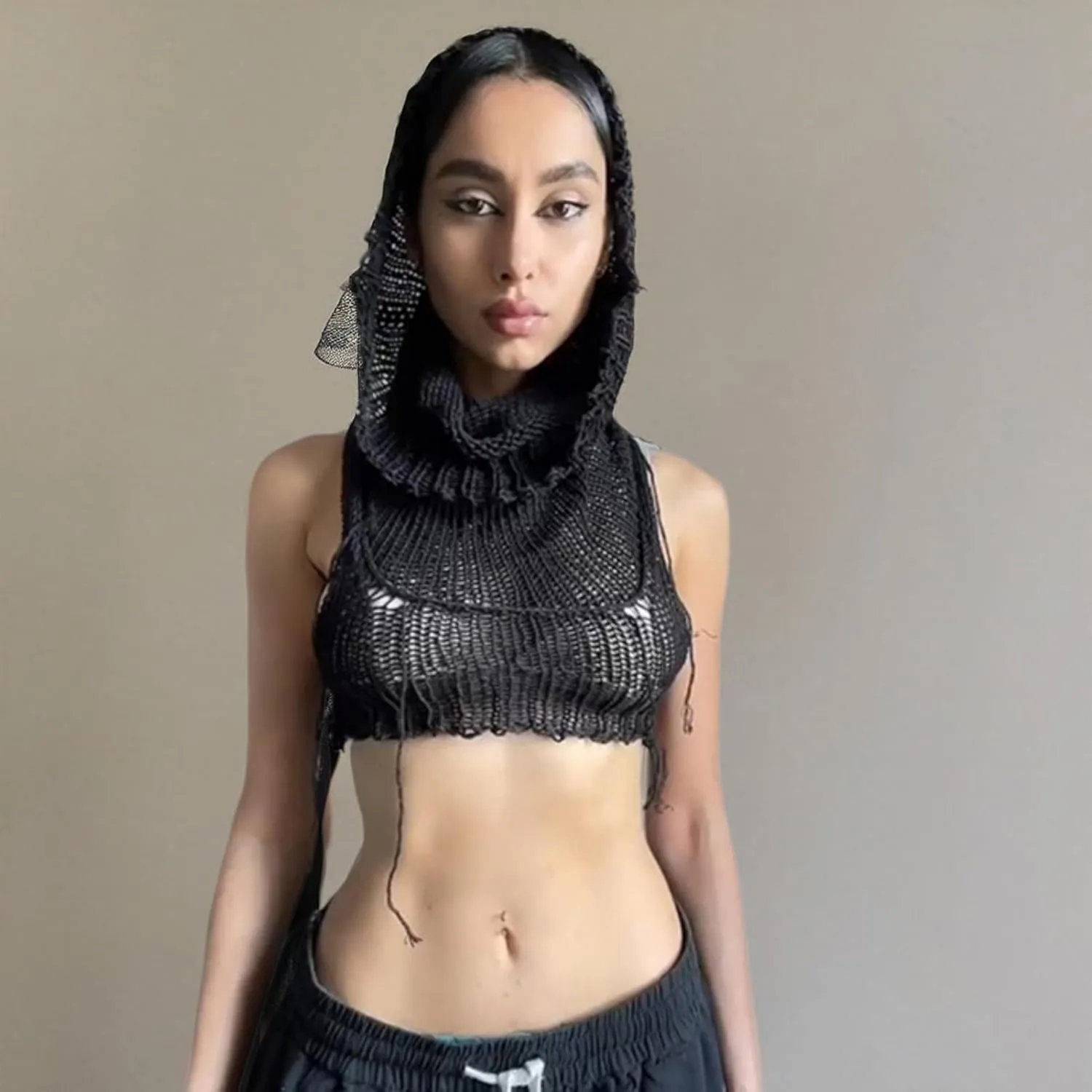 Women Knitted Hoodie Sweater Vest Sexy Sleeveless Hollow Out Hooded Crop Top Streetwear Rave Oufit