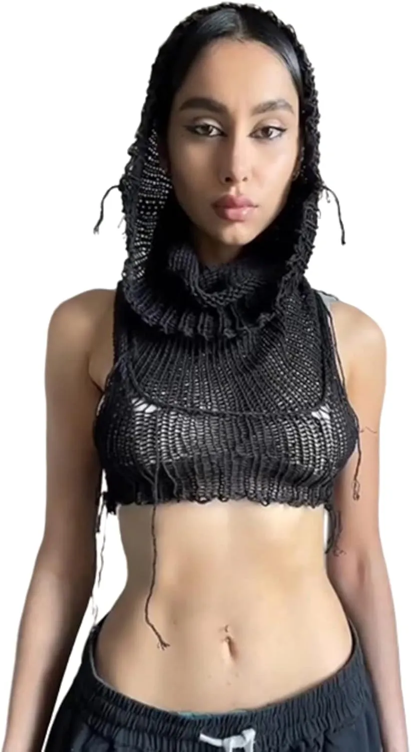 Women Knitted Hoodie Sweater Vest Sexy Sleeveless Hollow Out Hooded Crop Top Streetwear Rave Oufit