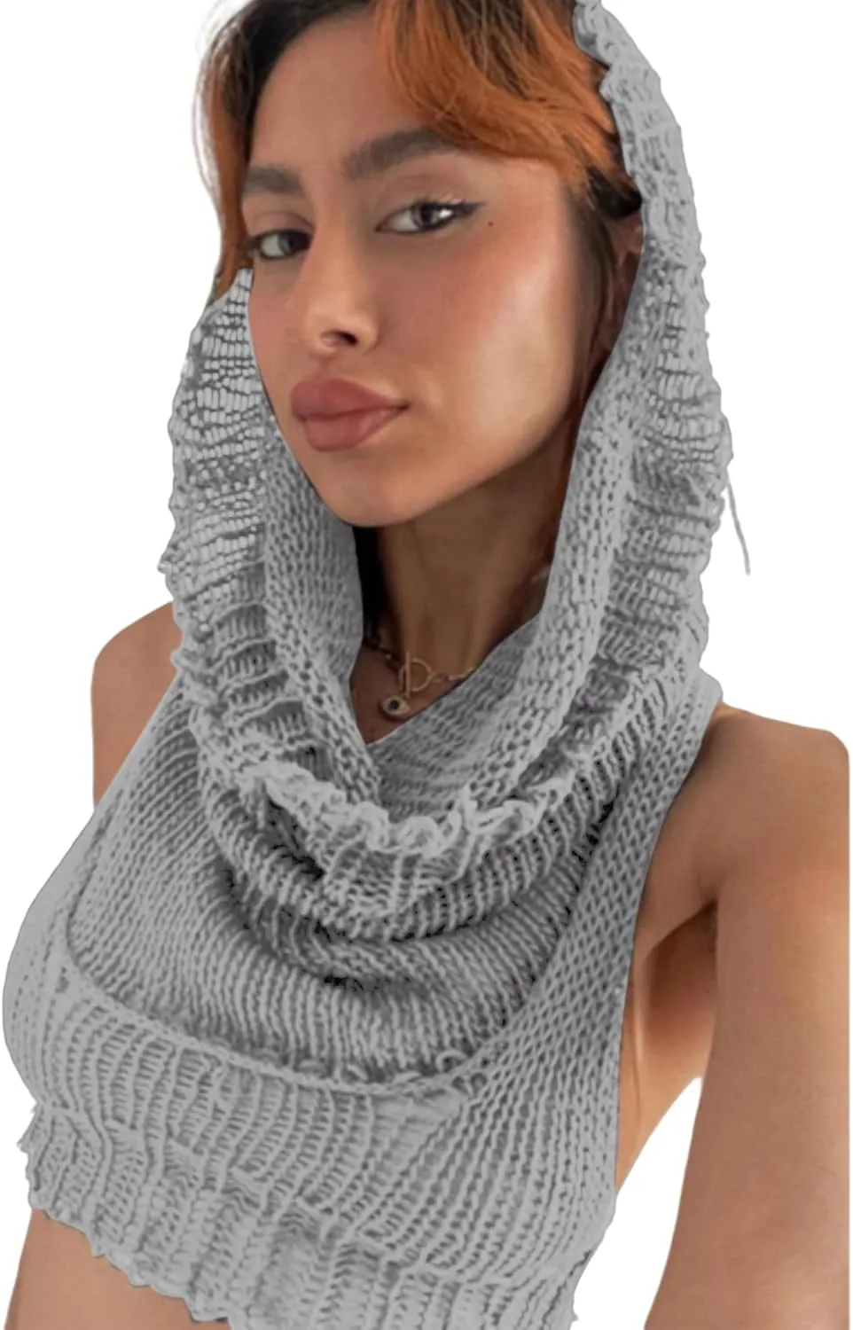 Women Knitted Hoodie Sweater Vest Sexy Sleeveless Hollow Out Hooded Crop Top Streetwear Rave Oufit