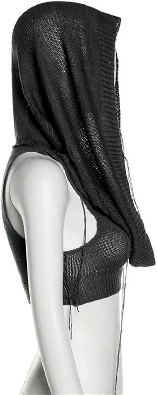 Women Knitted Hoodie Sweater Vest Sexy Sleeveless Hollow Out Hooded Crop Top Streetwear Rave Oufit