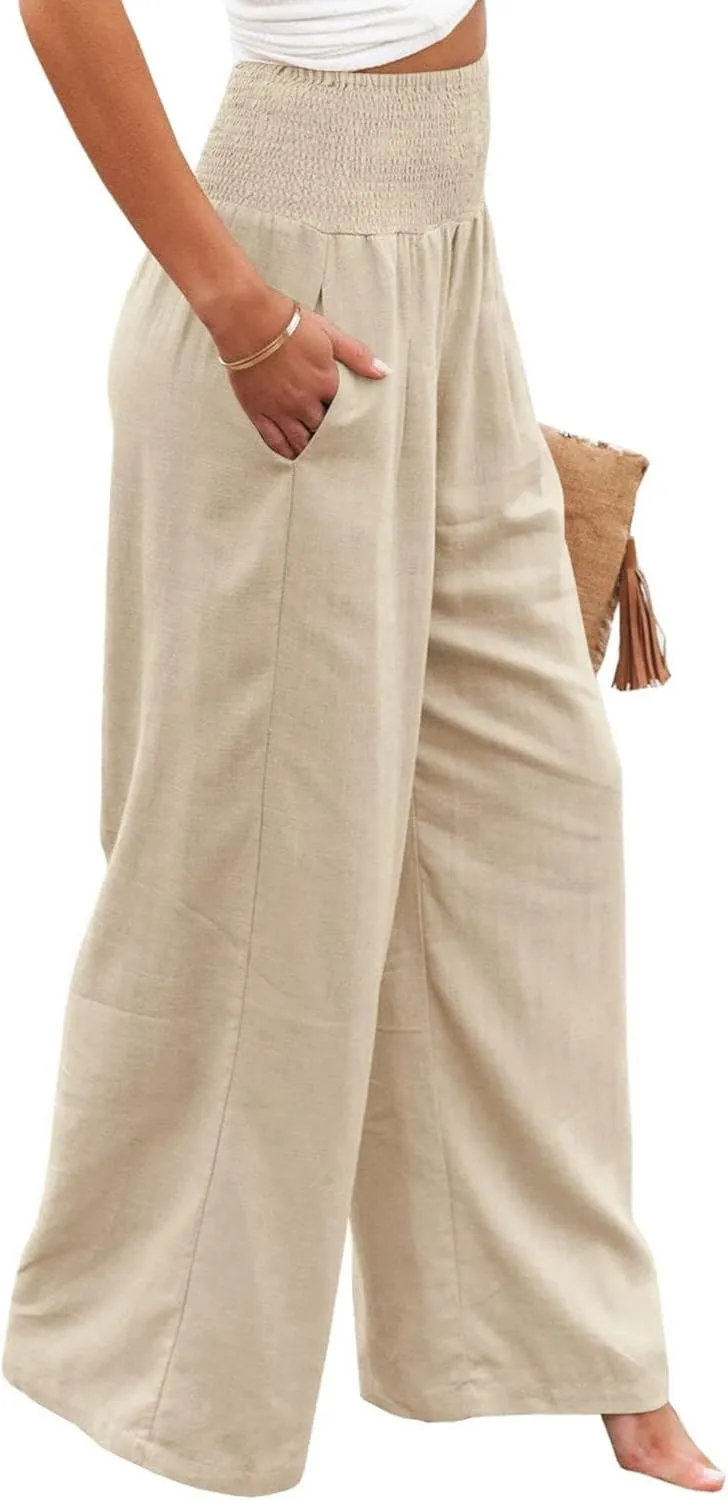 Women Linen Palazzo Pants Summer Boho Wide Leg High Waist Trousers Flowy Long Lounge Pant Work Beach Travel Outfits
