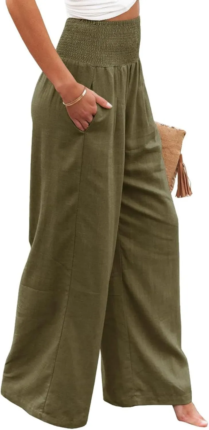 Women Linen Palazzo Pants Summer Boho Wide Leg High Waist Trousers Flowy Long Lounge Pant Work Beach Travel Outfits