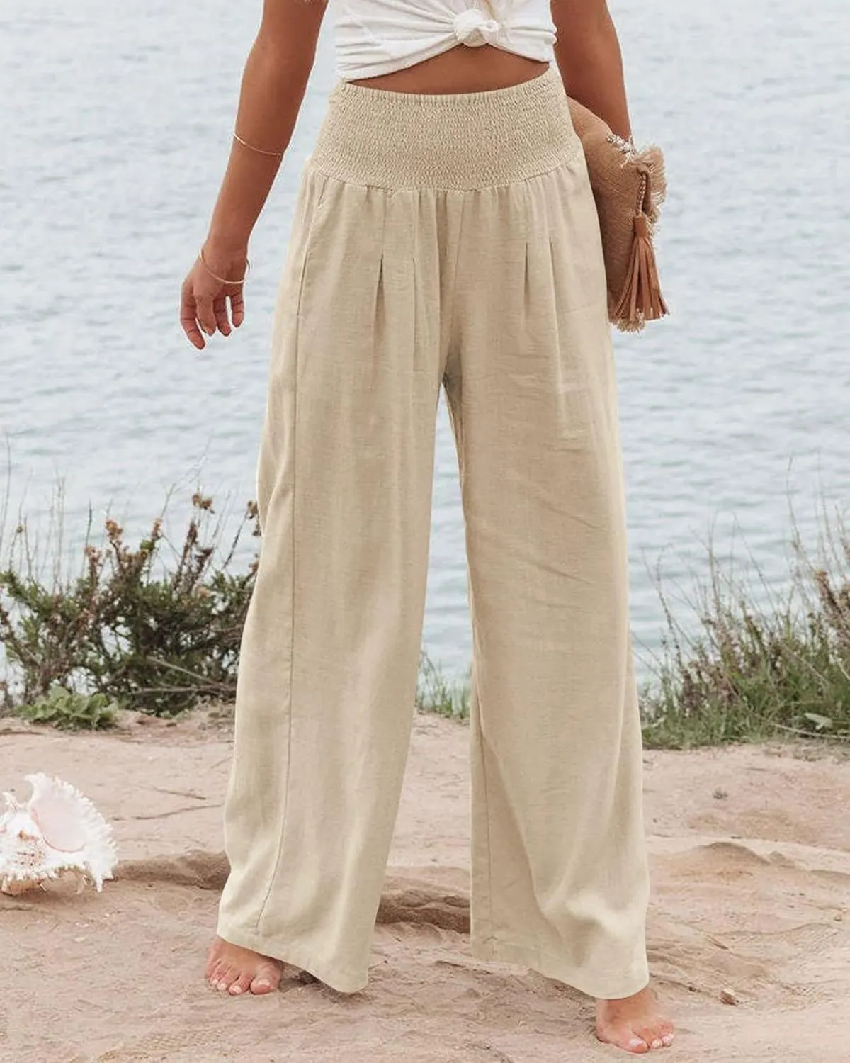Women Linen Palazzo Pants Summer Boho Wide Leg High Waist Trousers Flowy Long Lounge Pant Work Beach Travel Outfits