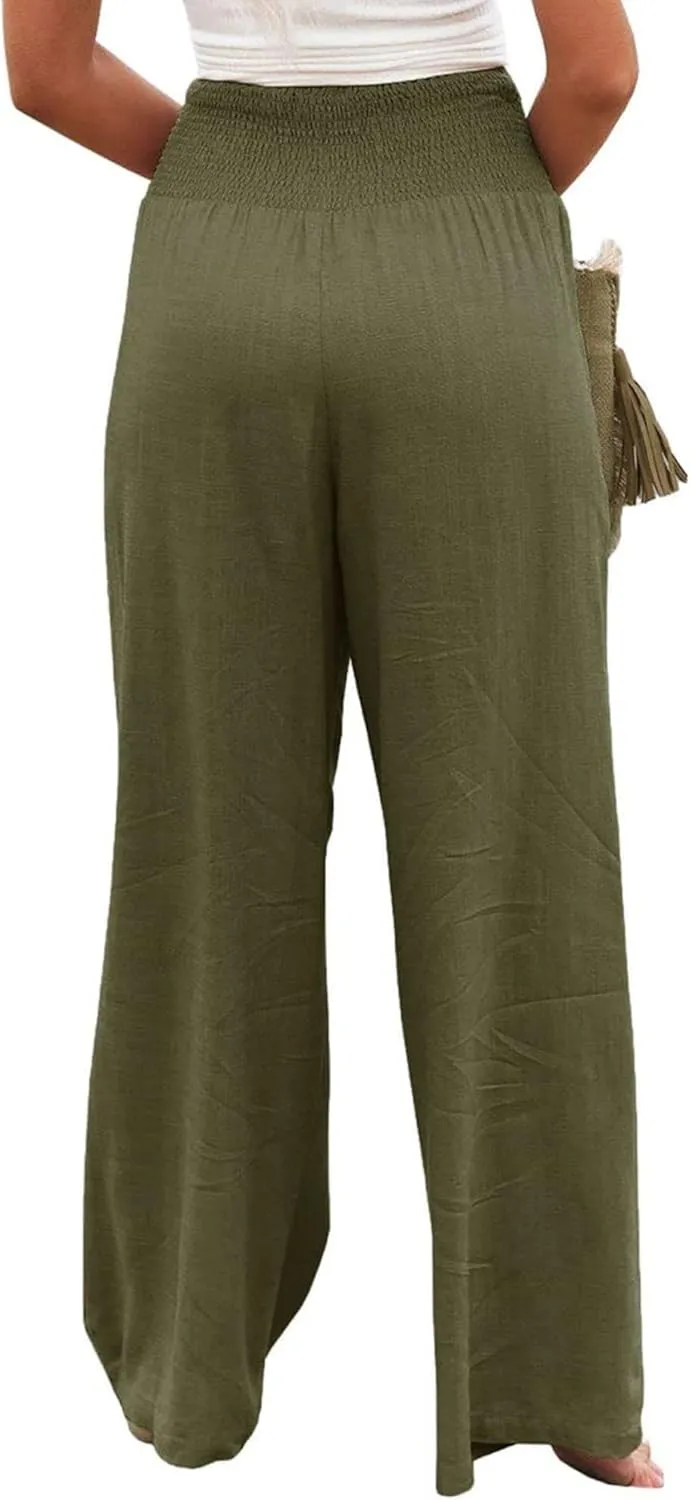 Women Linen Palazzo Pants Summer Boho Wide Leg High Waist Trousers Flowy Long Lounge Pant Work Beach Travel Outfits