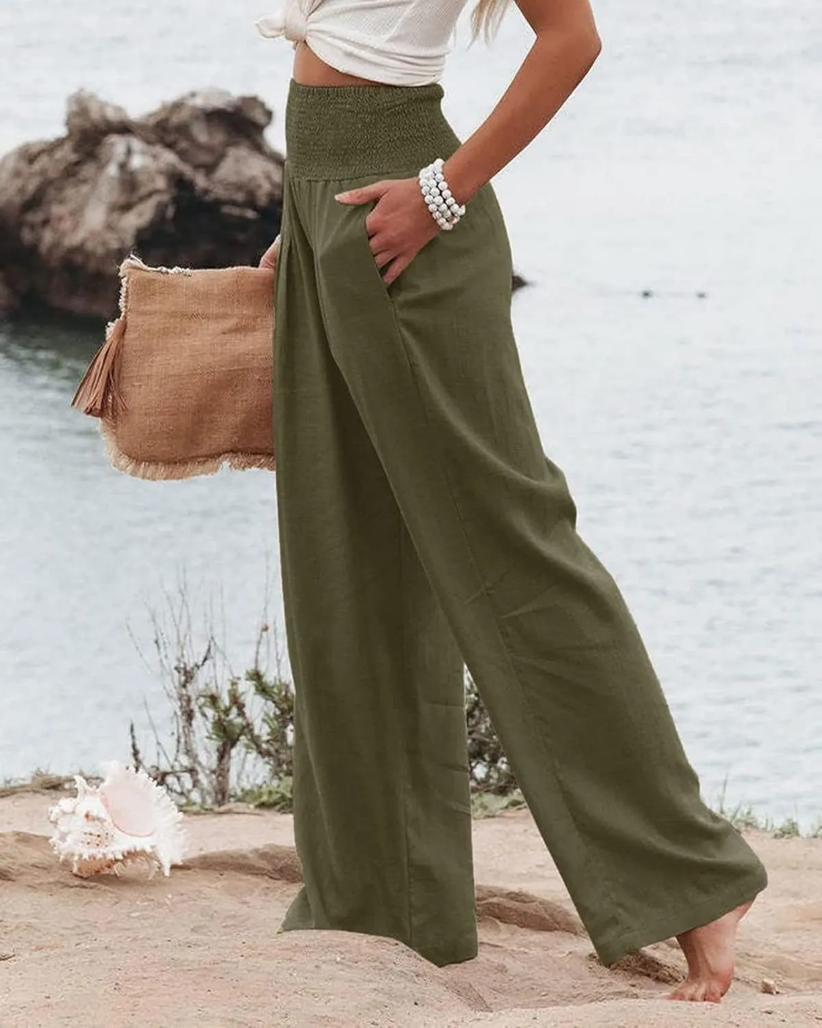 Women Linen Palazzo Pants Summer Boho Wide Leg High Waist Trousers Flowy Long Lounge Pant Work Beach Travel Outfits