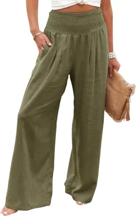 Women Linen Palazzo Pants Summer Boho Wide Leg High Waist Trousers Flowy Long Lounge Pant Work Beach Travel Outfits