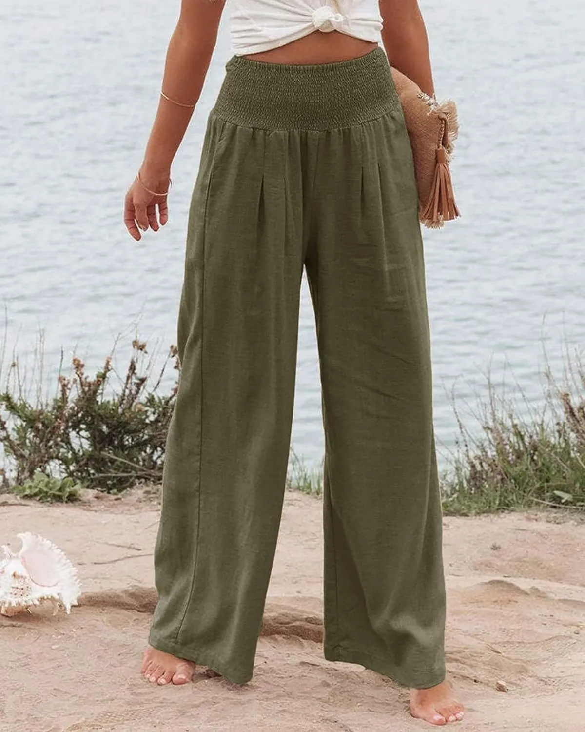 Women Linen Palazzo Pants Summer Boho Wide Leg High Waist Trousers Flowy Long Lounge Pant Work Beach Travel Outfits