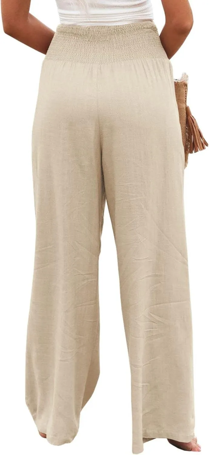 Women Linen Palazzo Pants Summer Boho Wide Leg High Waist Trousers Flowy Long Lounge Pant Work Beach Travel Outfits