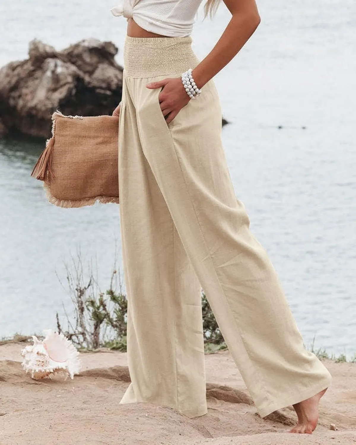 Women Linen Palazzo Pants Summer Boho Wide Leg High Waist Trousers Flowy Long Lounge Pant Work Beach Travel Outfits