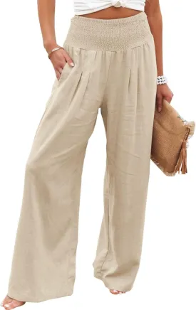Women Linen Palazzo Pants Summer Boho Wide Leg High Waist Trousers Flowy Long Lounge Pant Work Beach Travel Outfits