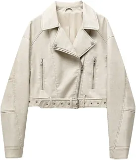Women Notch Lapel Collar Short PU Leather Jackets With Asymmetric Zipper Fashion Motocycle Biker Leather Jackets