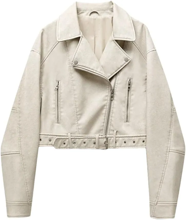 Women Notch Lapel Collar Short PU Leather Jackets With Asymmetric Zipper Fashion Motocycle Biker Leather Jackets