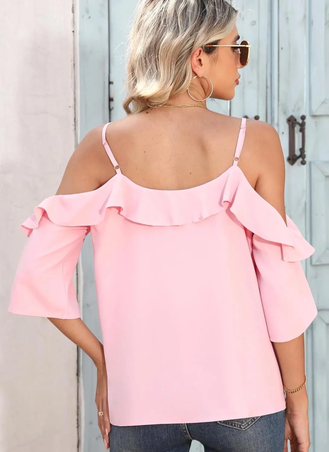 Women's Cold Shoulder Blouses Ruffle Dressy Casual 3/4 Sleeve Chiffon Tops Flowy Adjustable Strap Summer Shirt