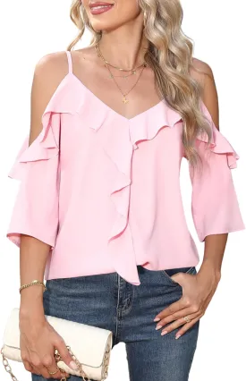 Women's Cold Shoulder Blouses Ruffle Dressy Casual 3/4 Sleeve Chiffon Tops Flowy Adjustable Strap Summer Shirt