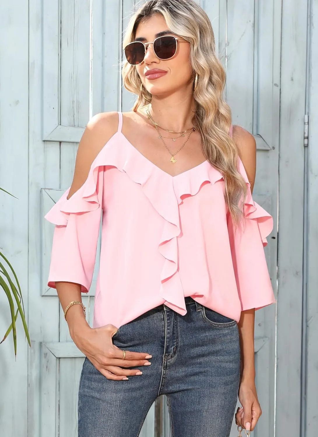 Women's Cold Shoulder Blouses Ruffle Dressy Casual 3/4 Sleeve Chiffon Tops Flowy Adjustable Strap Summer Shirt