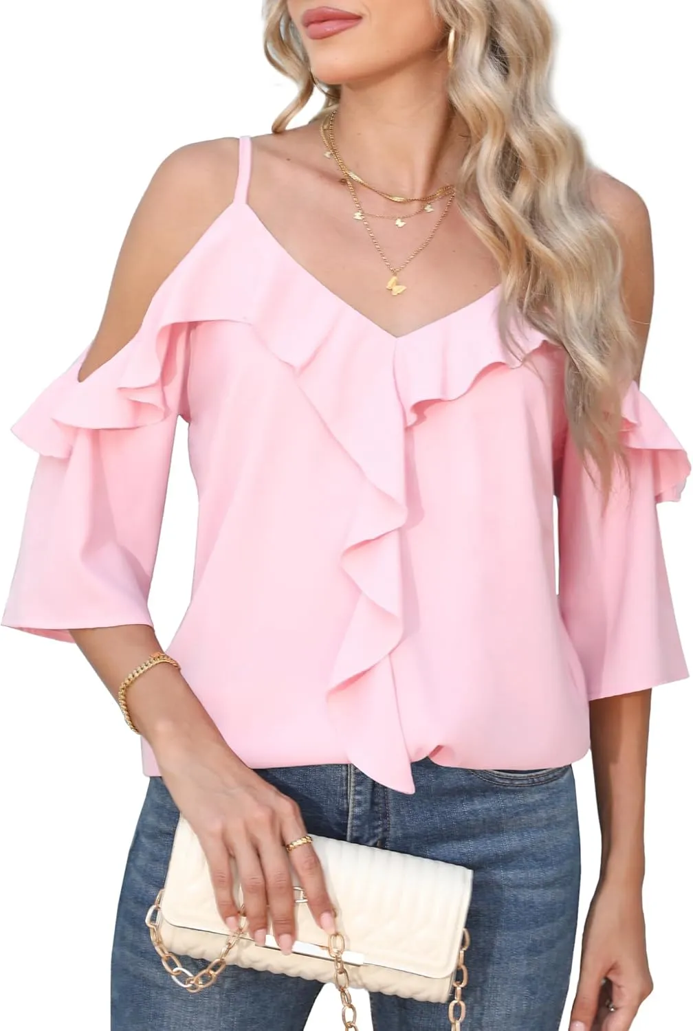 Women's Cold Shoulder Blouses Ruffle Dressy Casual 3/4 Sleeve Chiffon Tops Flowy Adjustable Strap Summer Shirt