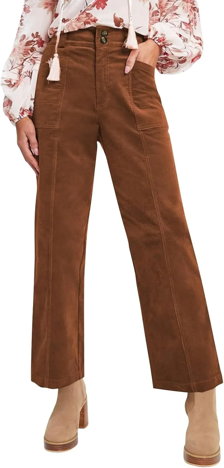Womens Corduroy Pants Trendy Straight Leg High Waisted Work Pants Trousers Ladies Elastic Waist Pants with Pockets
