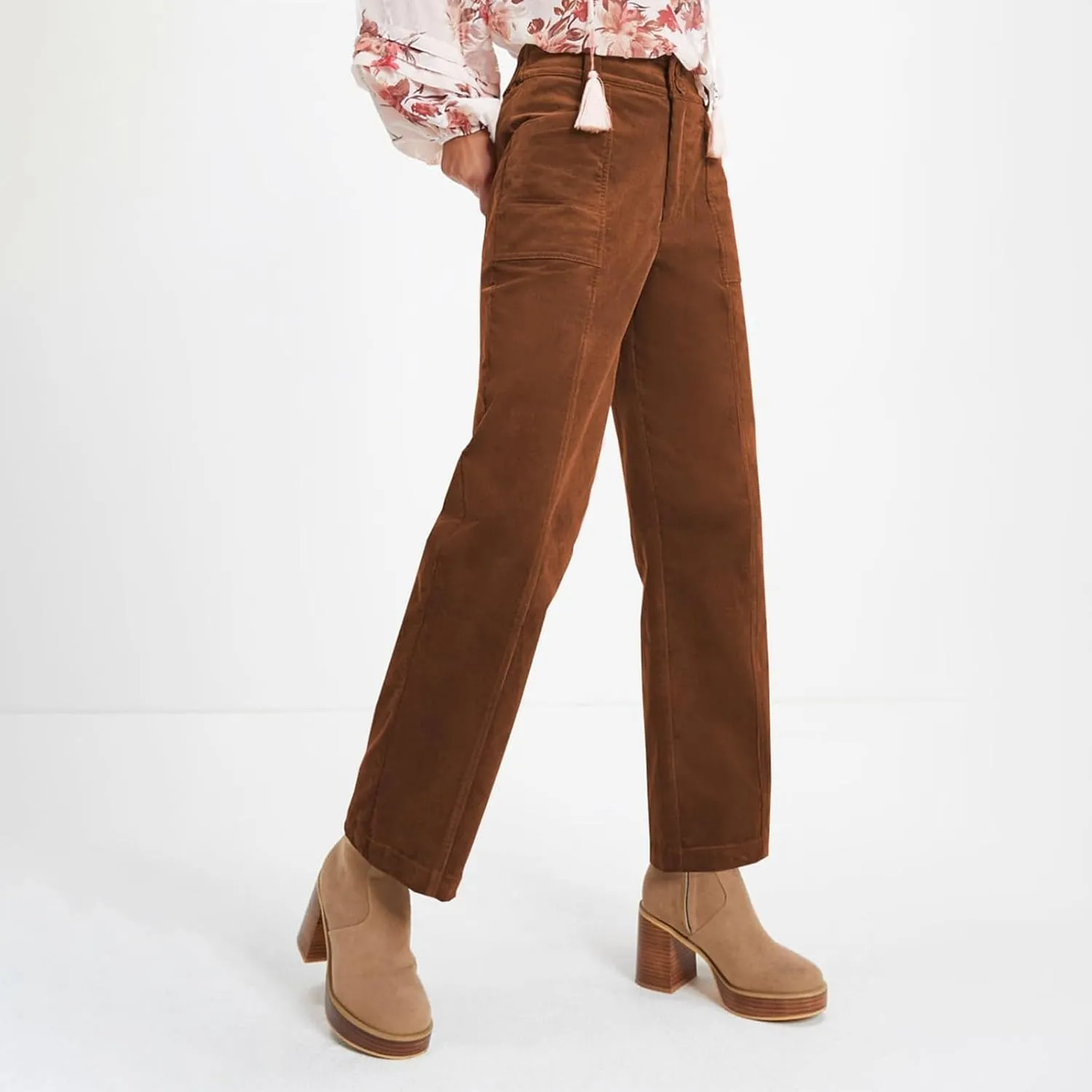 Womens Corduroy Pants Trendy Straight Leg High Waisted Work Pants Trousers Ladies Elastic Waist Pants with Pockets