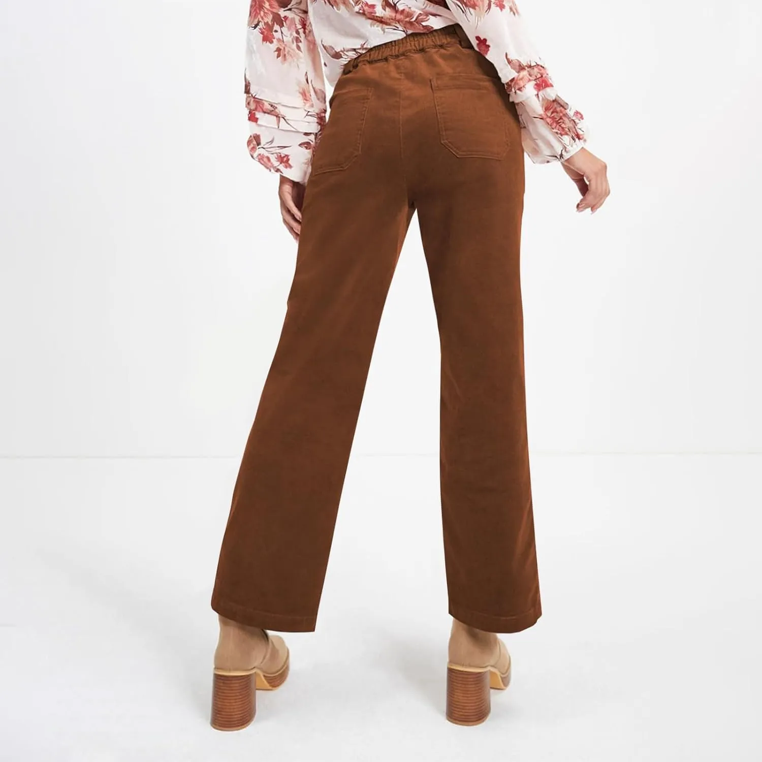 Womens Corduroy Pants Trendy Straight Leg High Waisted Work Pants Trousers Ladies Elastic Waist Pants with Pockets