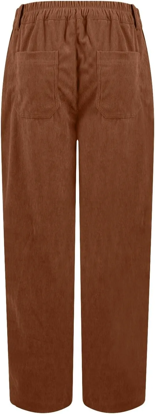 Womens Corduroy Pants Trendy Straight Leg High Waisted Work Pants Trousers Ladies Elastic Waist Pants with Pockets