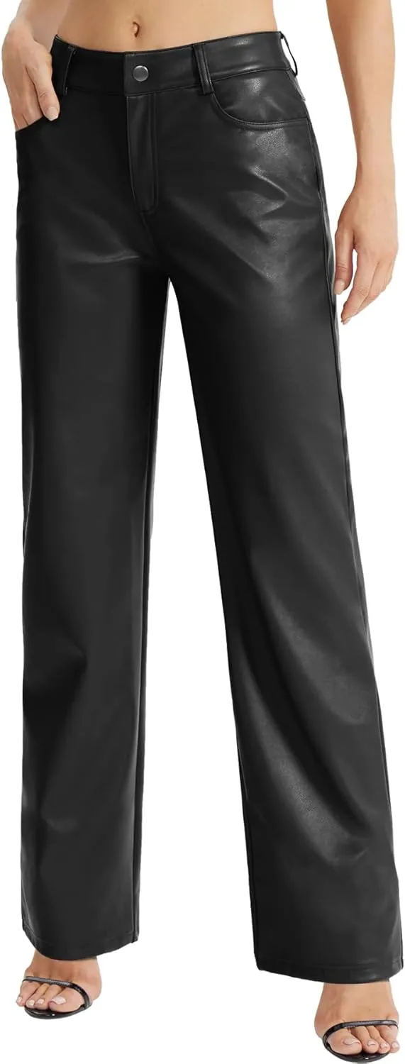 Women's Faux Leather Pants Button PU Jeans Straight Wide Leg Trousers with Pockets