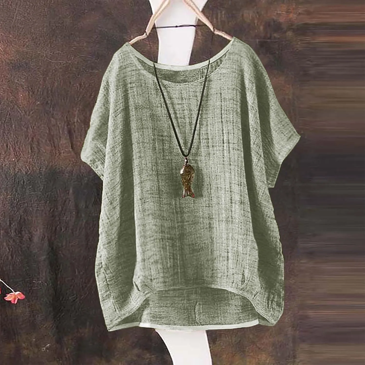 Women's Linen Oversized Blouses Short Sleeve Top T Shirt Button 3/4 Sleeve V Neck Linen Blouse Top