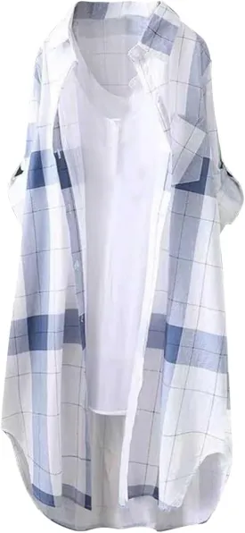 Womens Oversized Button Down Plaid Shacket Shirt with Pockets Roll Up Long Sleeve Casual Boyfriend Tunic Blouse Top