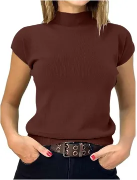 Womens Short Sleeve Sweater Mock Neck Summer Fashion Casual Basic Knit Slim Fitted Pullover Dressy Ribbed Tops Shirts