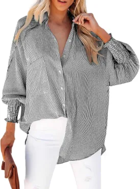 Womens Smocked Cuffed Striped Boyfriend Shirt Casual Collar Puff Sleeve Oversized Button Down Blouse Tops with Pocket Shirred