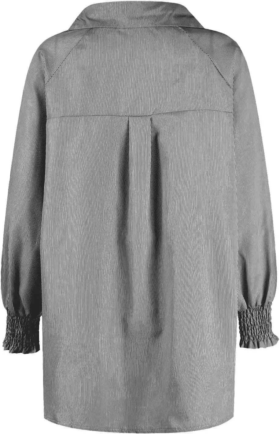 Womens Smocked Cuffed Striped Boyfriend Shirt Casual Collar Puff Sleeve Oversized Button Down Blouse Tops with Pocket Shirred