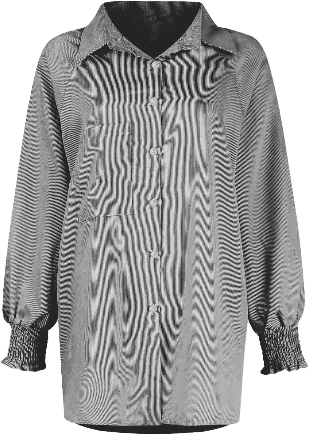 Womens Smocked Cuffed Striped Boyfriend Shirt Casual Collar Puff Sleeve Oversized Button Down Blouse Tops with Pocket Shirred