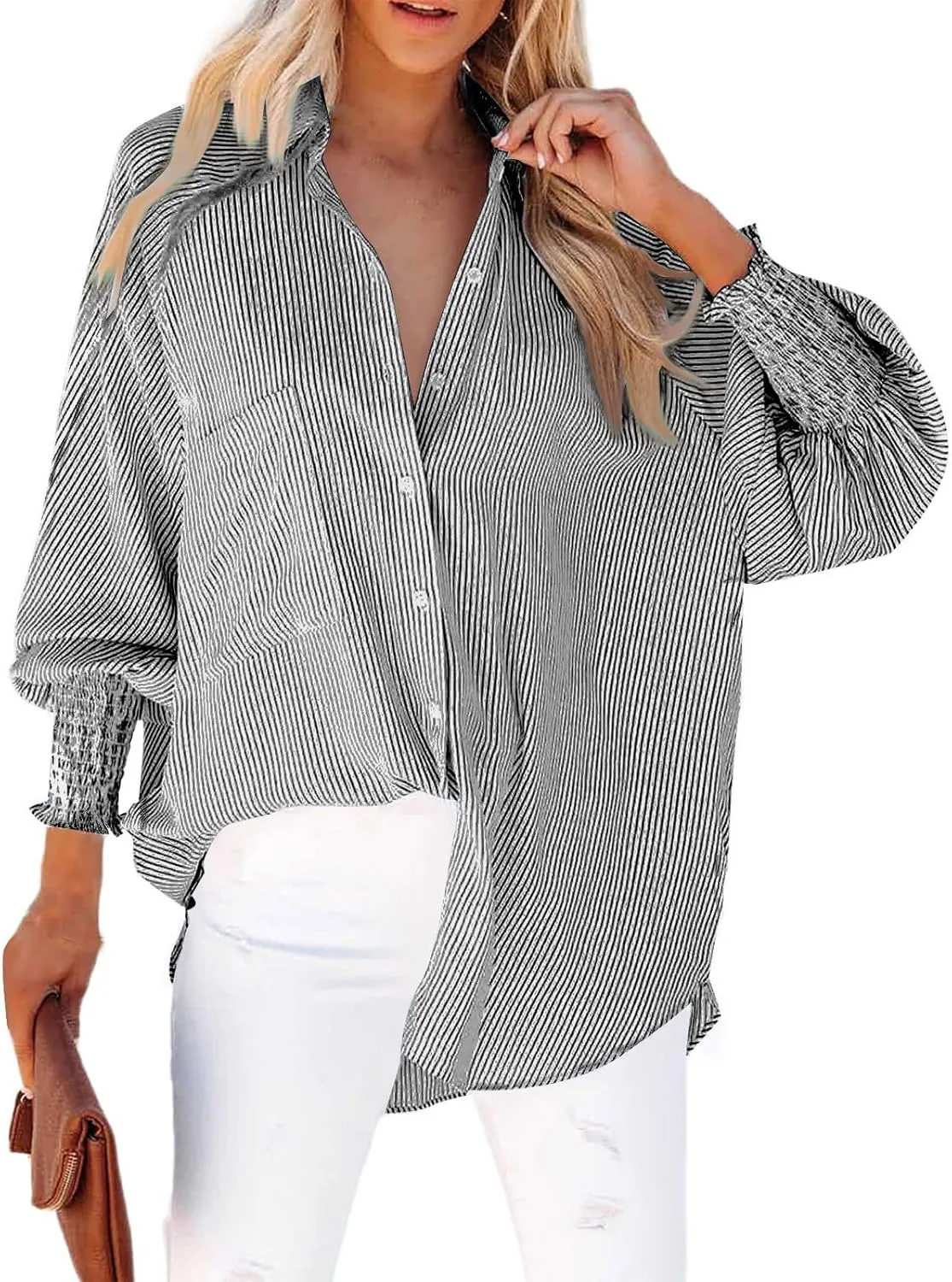 Womens Smocked Cuffed Striped Boyfriend Shirt Casual Collar Puff Sleeve Oversized Button Down Blouse Tops with Pocket Shirred